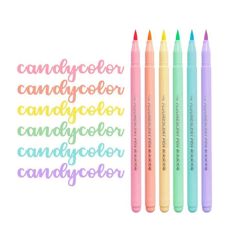 6 kleuren Soft Brush Fluorescentie Pen Set Art Color Markeerstift