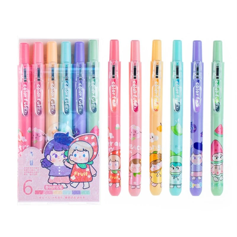 6 stuks intrekbare markeerstift met fruitgeur